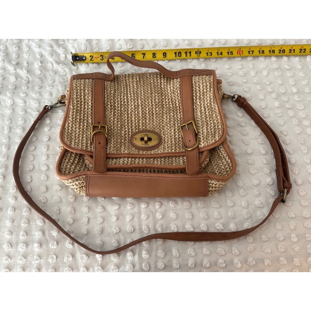 Fossil Long Live Vintage Straw Leather Crossbody Satchel Bag Tan Brass Hardware